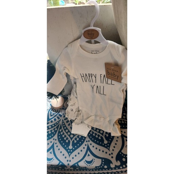 Baby 3-6 nwt Rae Dunn 3 piece set Happy fall y'all baby shower bow pants onesie - Picture 7 of 12